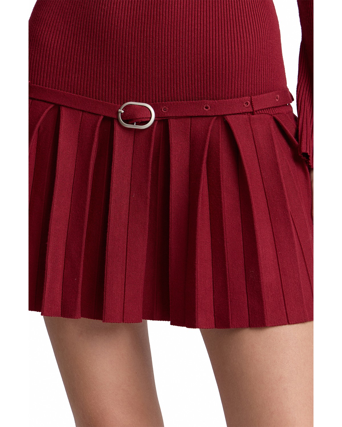 Belted Drop Waist Pleated Sweater Dress
