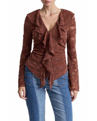 Avec Les Filles Chenille Lace Ruffle Cardigan Top