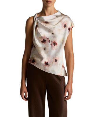 Watercolor Floral Satin Twist Shoulder Top
