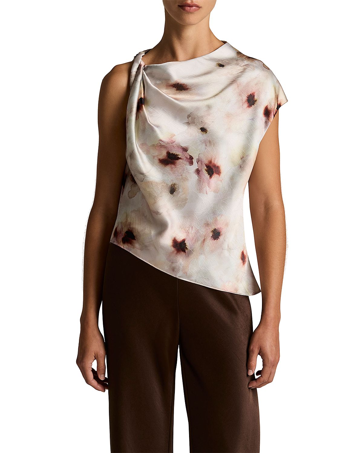 Vince Watercolor Floral Satin Twist Shoulder Top