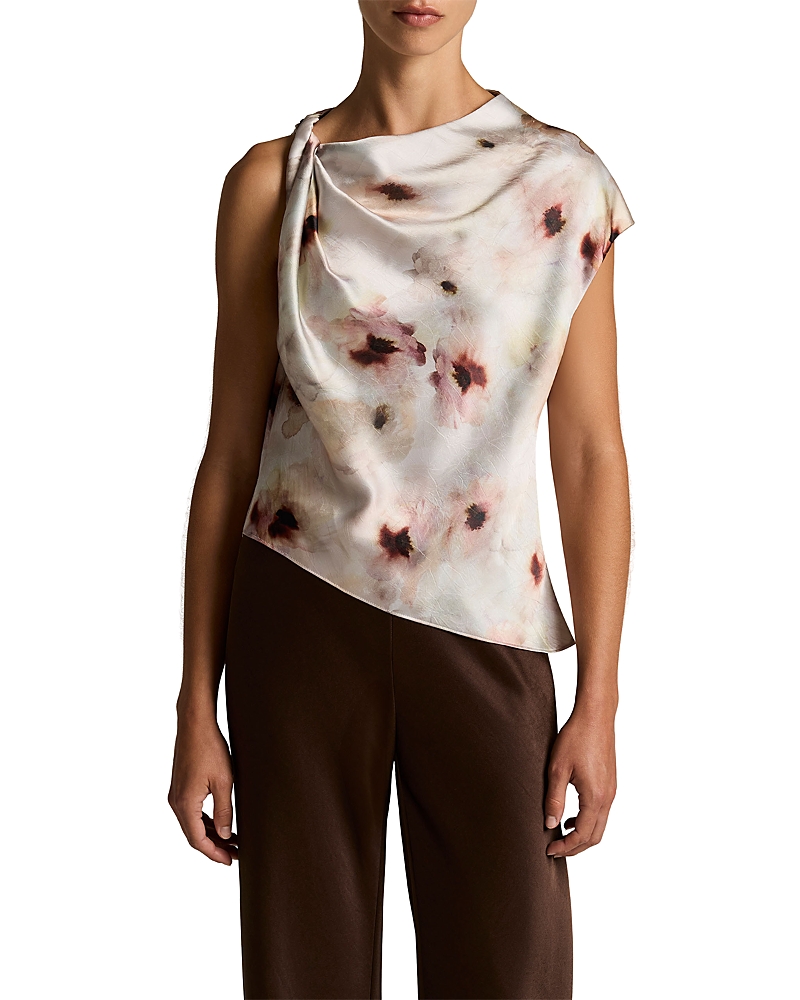 Vince Watercolor Floral Satin Twist Shoulder Top