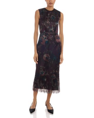 Fringe Trim Jacquard High Neck Sleeveless Midi Dress