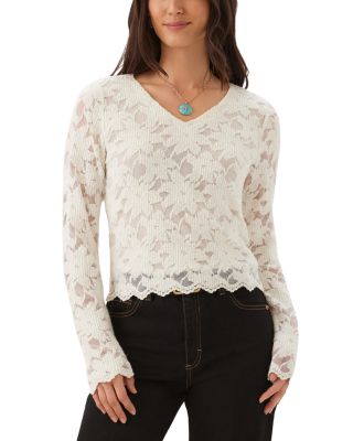 Long Sleeve Floral Burnout V Neck Top