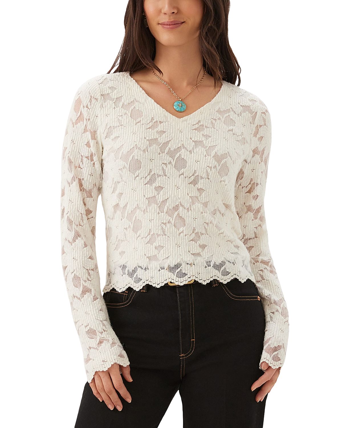 Karen Kane Long Sleeve Floral Burnout V Neck Top