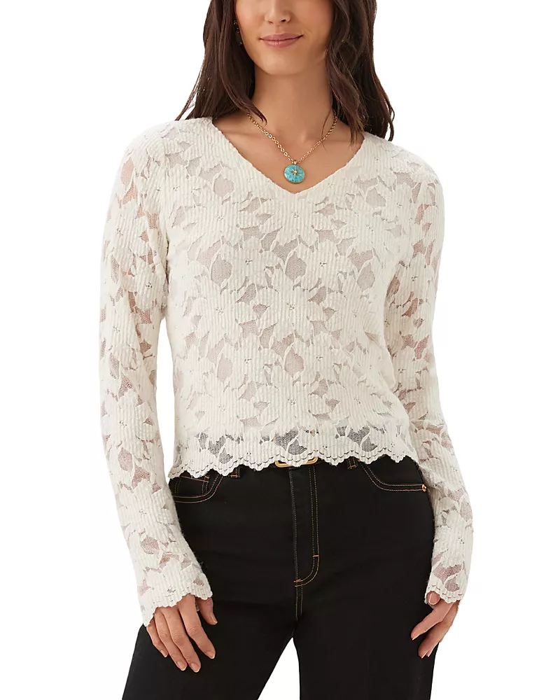 Karen Kane Long Sleeve Floral Burnout V Neck Top