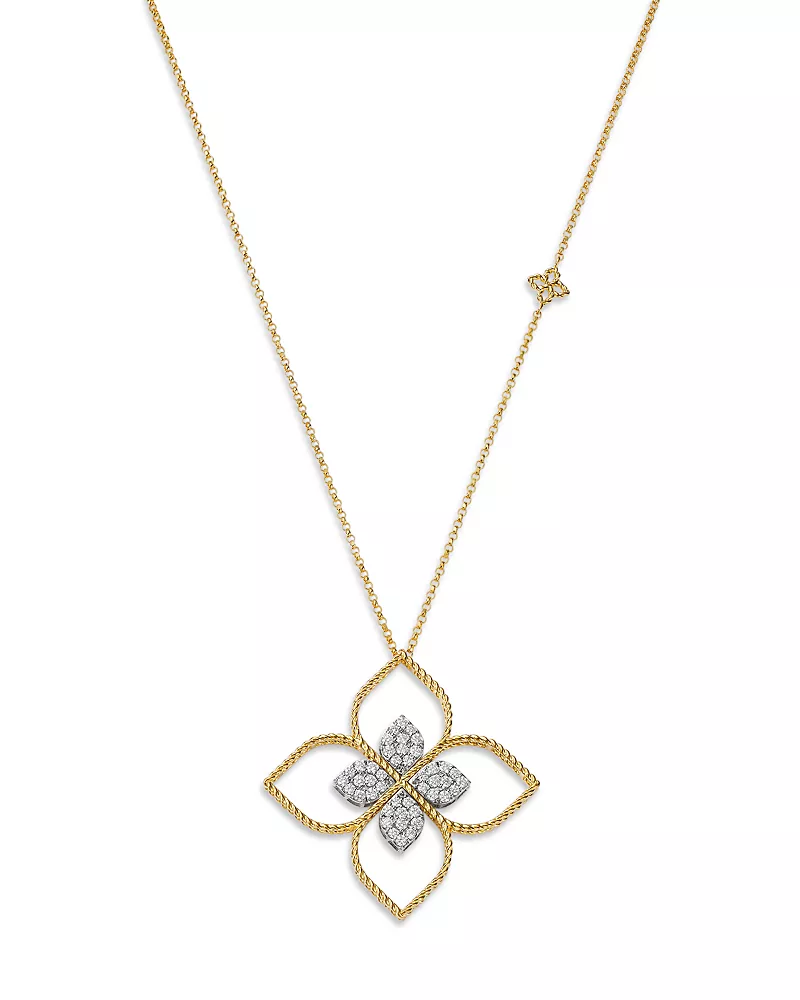Roberto Coin 18K White & Yellow Diamond Open Flower Necklace, 0.43 tcw