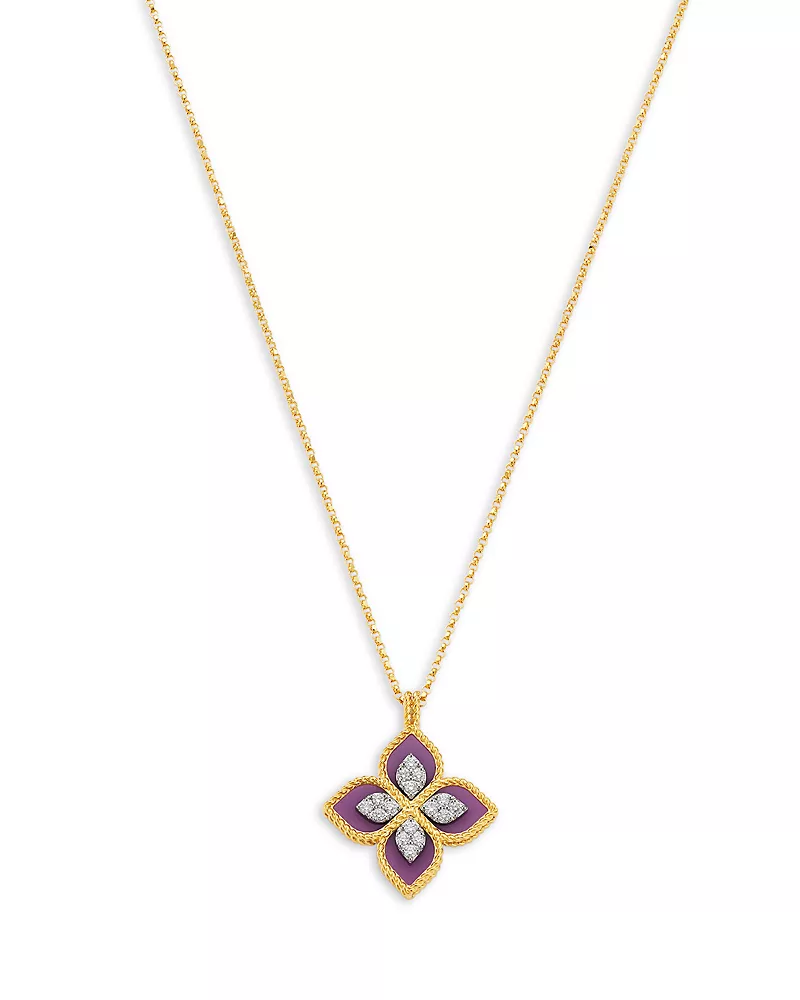 Roberto Coin 18K White & Yellow Gold Venetian Princess Phosphoiderite & Diamond Flower Pendant Necklace, 16
