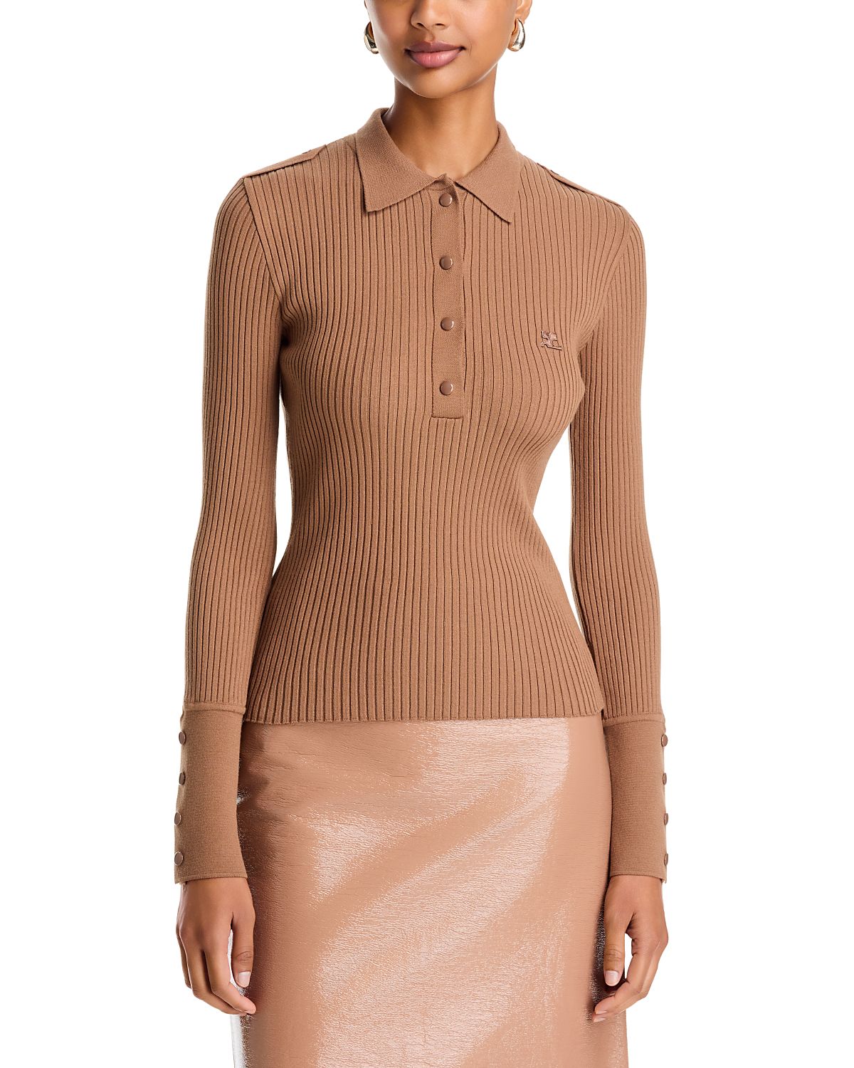 Courreges Rib Knit Long Sleeve Polo Sweater