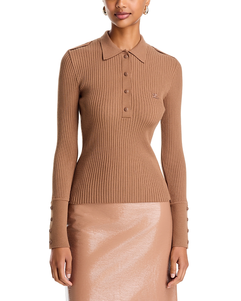 Courreges Rib Knit Long Sleeve Polo Sweater
