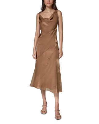 Satin Burnout Asymmetrical Neck Midi Dress