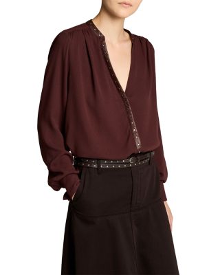 Gathered Studded Trim Long Sleeve Top
