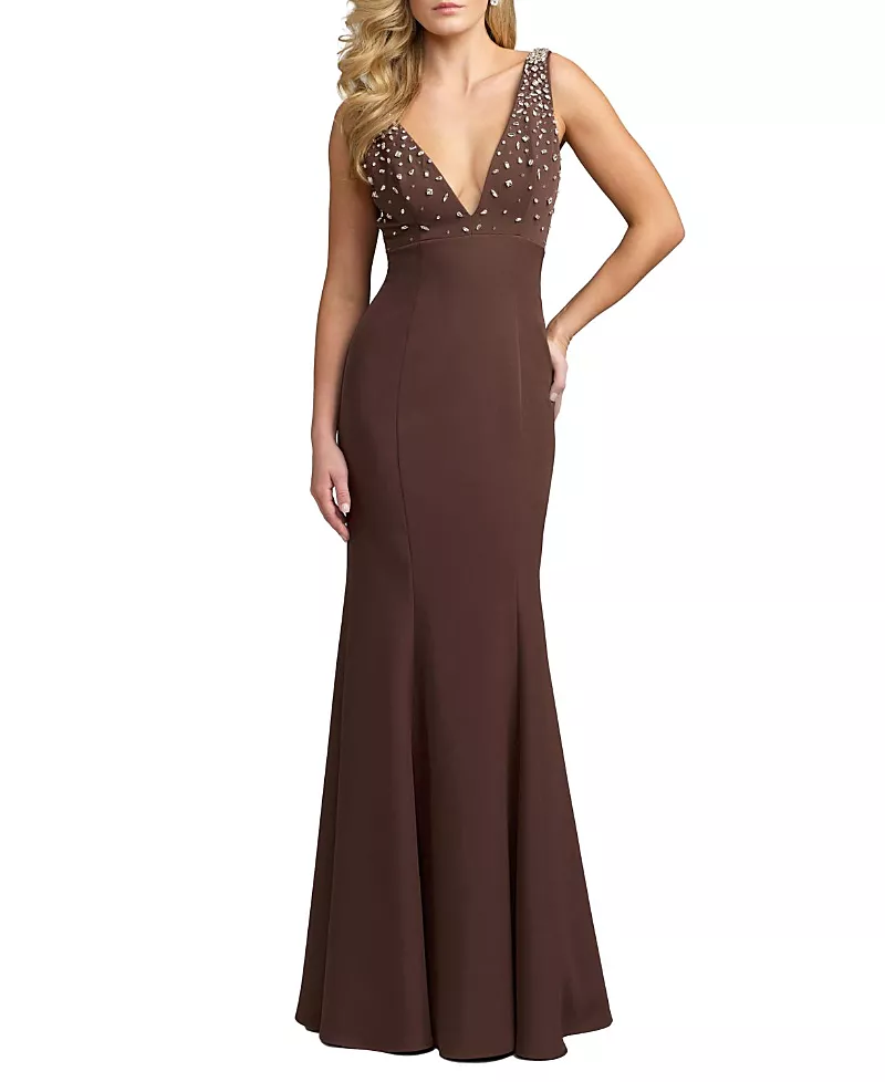 Mac Duggal Embellished Crepe Sleeveless V-Neck Gown