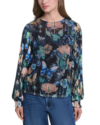 Pleated Sleeve Mixed Media Top