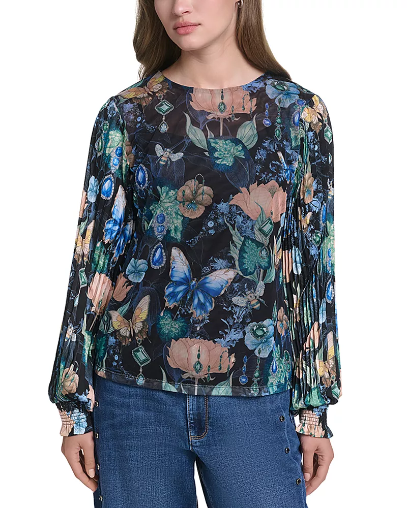 Karl Lagerfeld Paris Pleated Sleeve Mixed Media Top