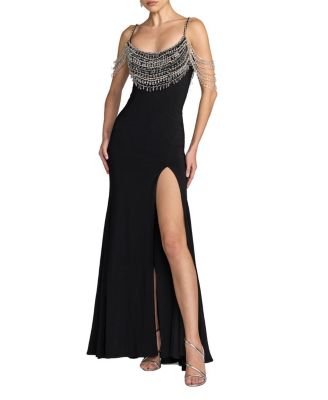  Crystal Beaded Scoop Back Jersey Gown with Slit