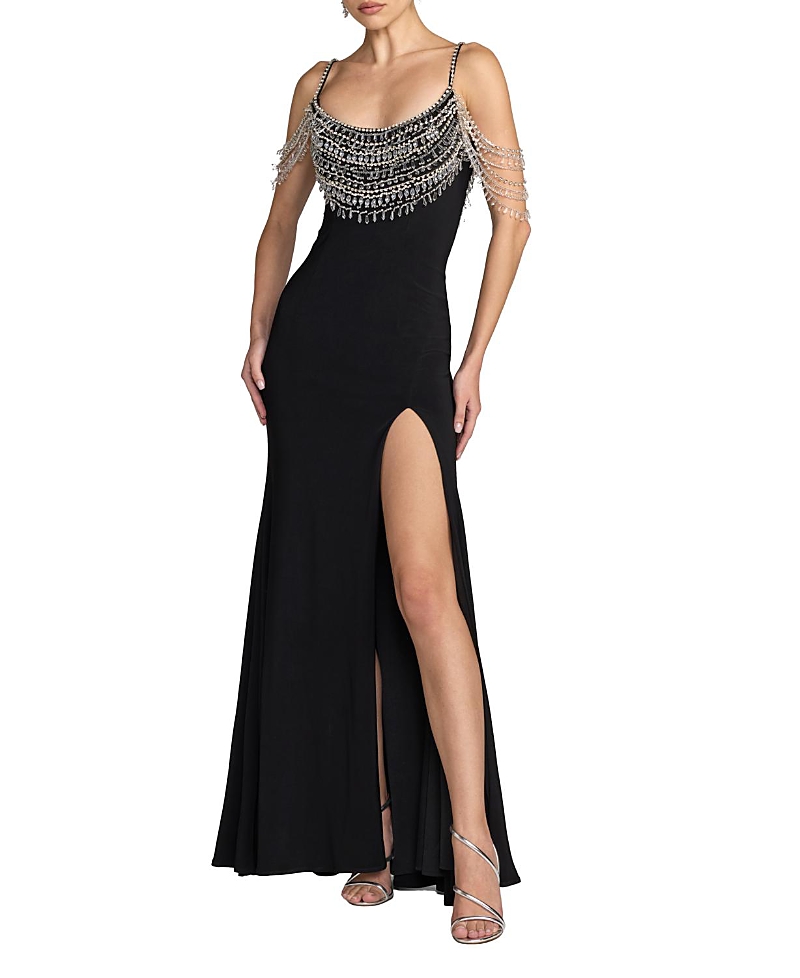 Mac Duggal Crystal Beaded Scoop Back Jersey Gown with Slit