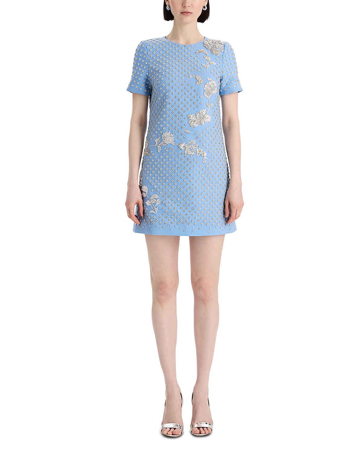 Oscar de la Renta Short Sleeve Crystal Floral Grid Dress