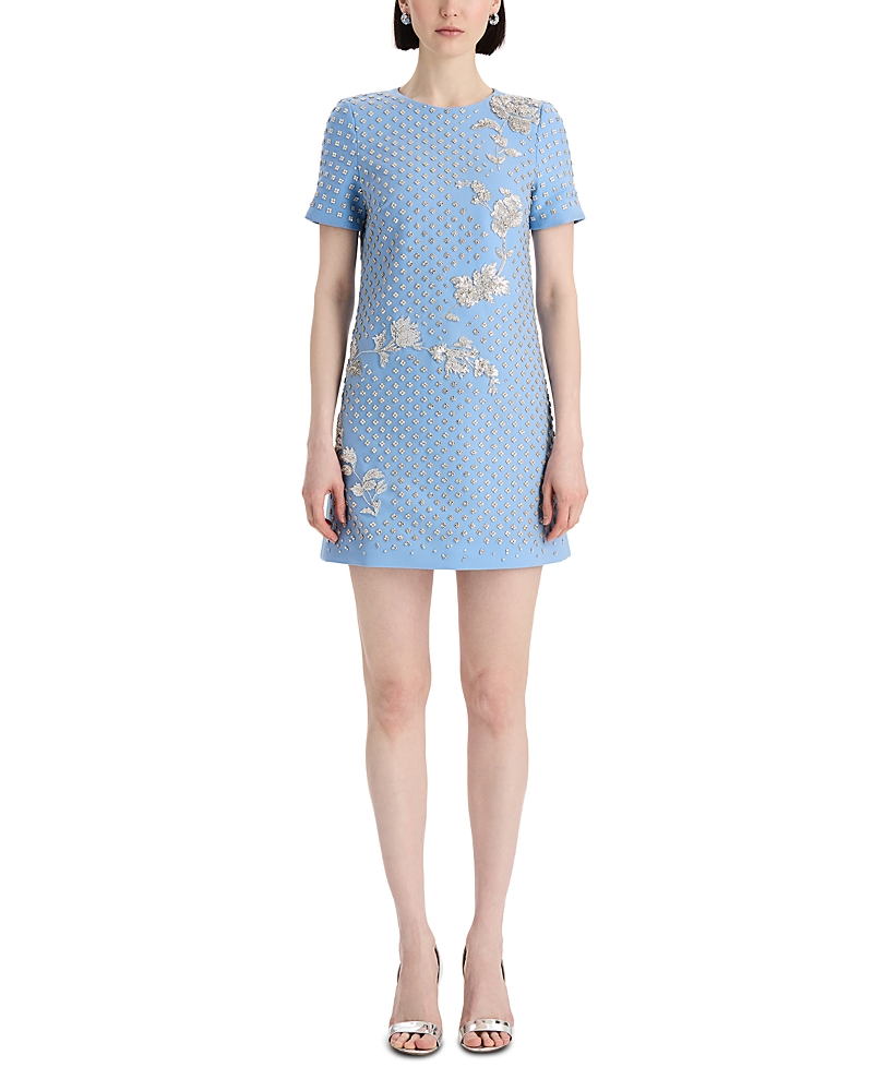 Oscar de la Renta Short Sleeve Crystal Floral Grid Dress