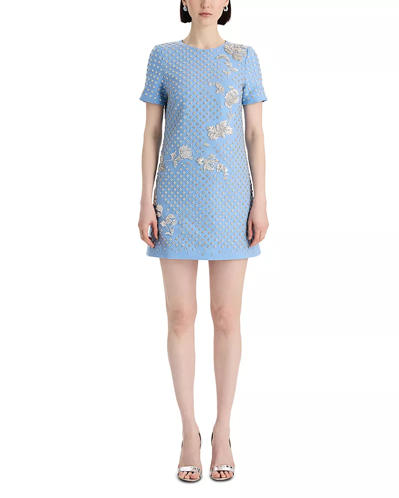 Oscar de la Renta Short Sleeve Crystal Floral Grid Dress