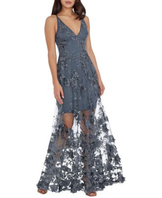  Sidney V-Neck 3D Floral Sheer Overlay Gown