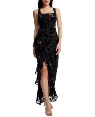 Dress the Population Charlene Square Neck Floral Velvet Ruffle Gown