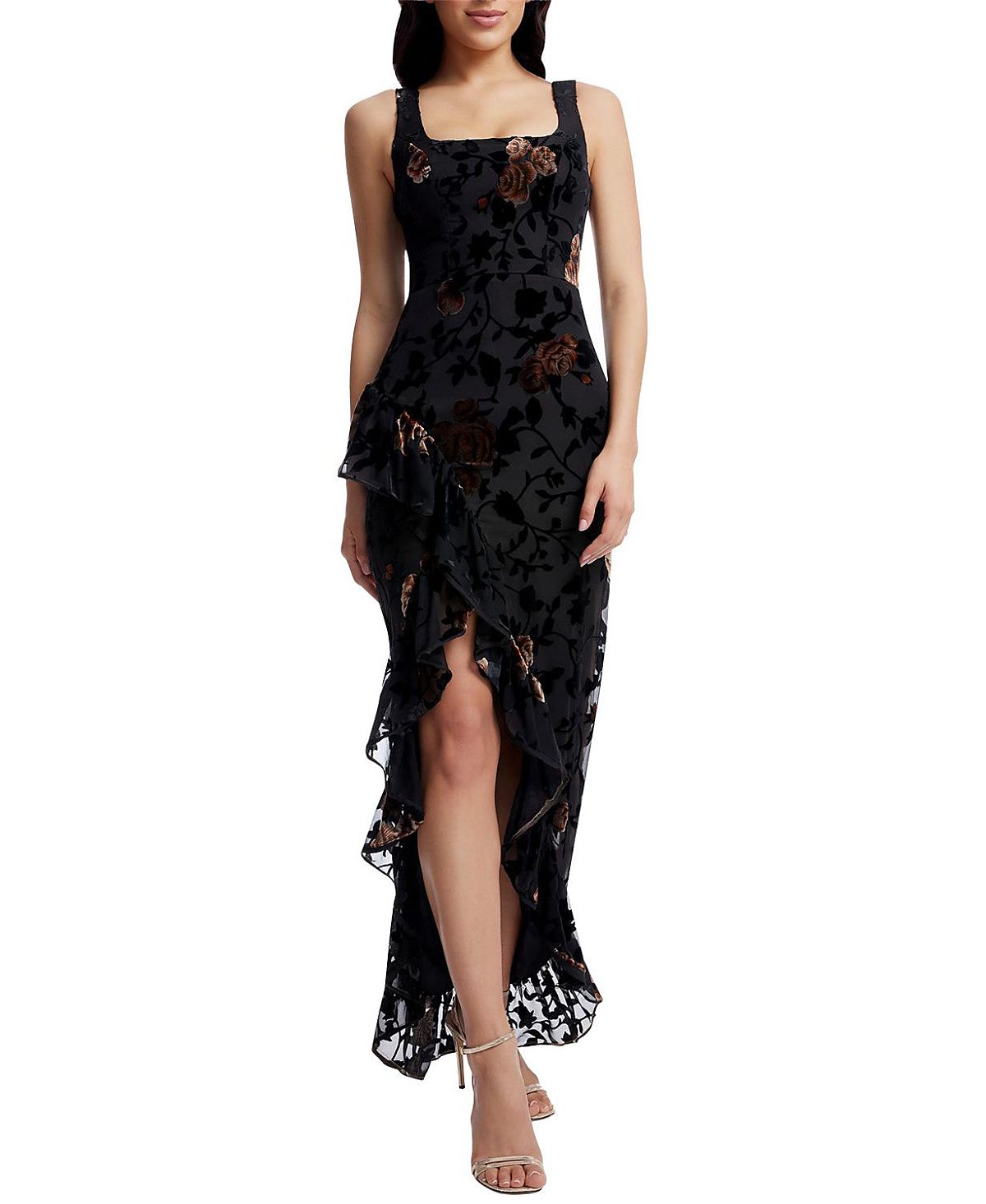 Dress the Population Charlene Square Neck Floral Velvet Ruffle Gown