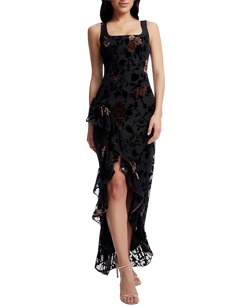 Dress the Population Charlene Square Neck Floral Velvet Ruffle Gown