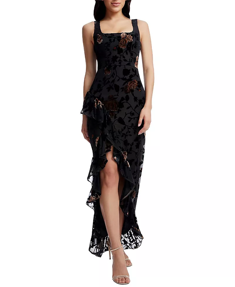 Dress the Population Charlene Square Neck Floral Velvet Ruffle Gown