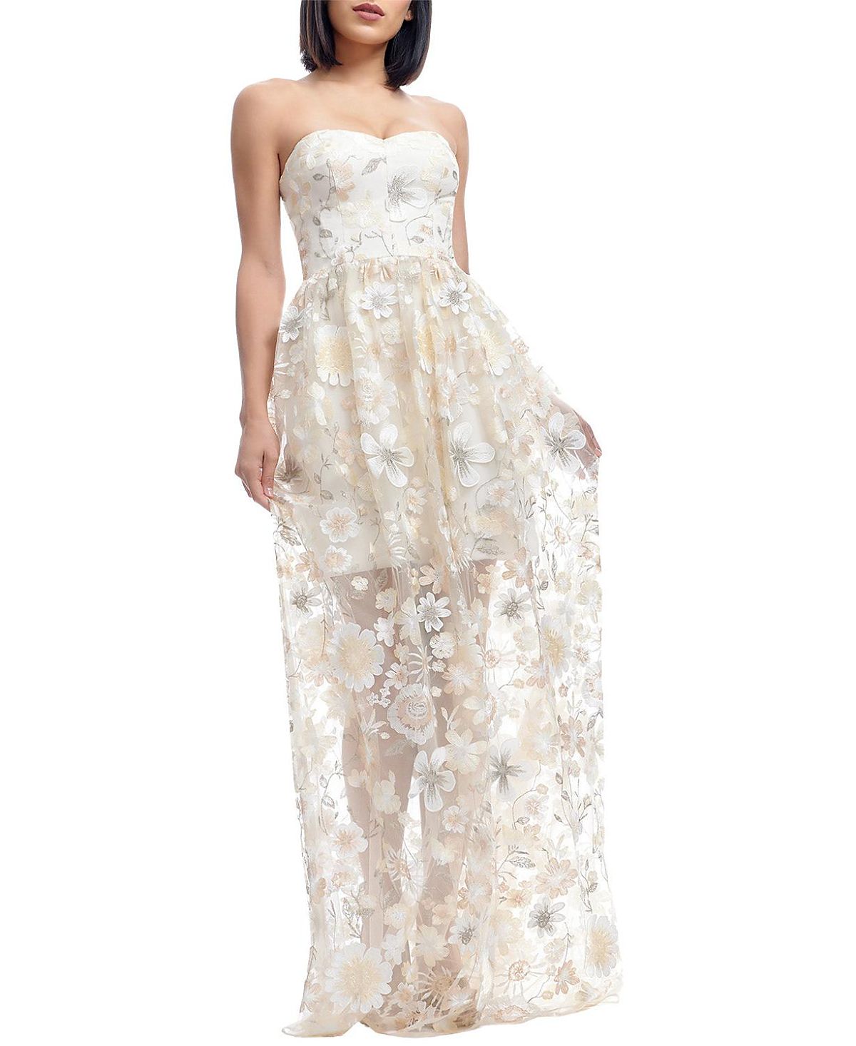 Dress the Population Audrina Strapless Sweetheart 3D Floral Applique Sheer Overlay Gown