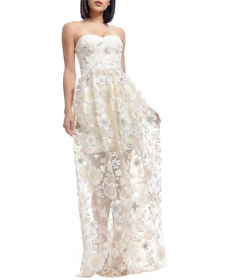 Dress the Population Audrina Strapless Sweetheart 3D Floral Applique Sheer Overlay Gown