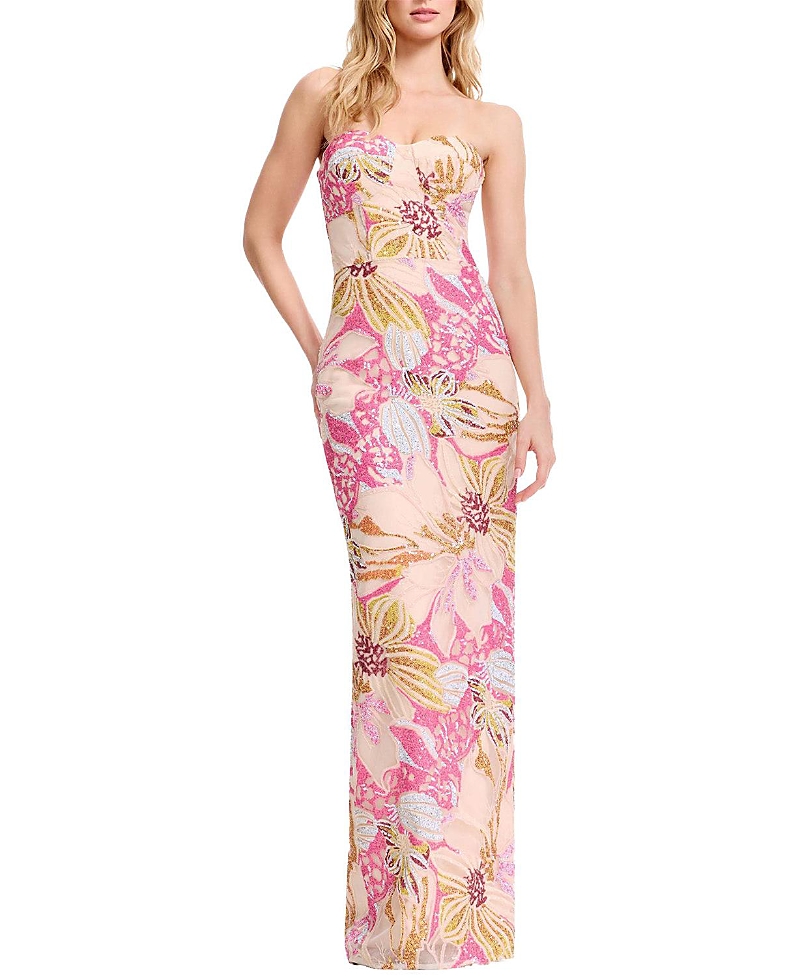 Dress The Population Vada Strapless Sweetheart Floral Sequin Bodycon Gown In Bright Fuchsia Multi