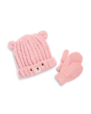 Girls' Two Piece Bear Cozy Rib Knit Hat & Magic Mittens Set - Baby
