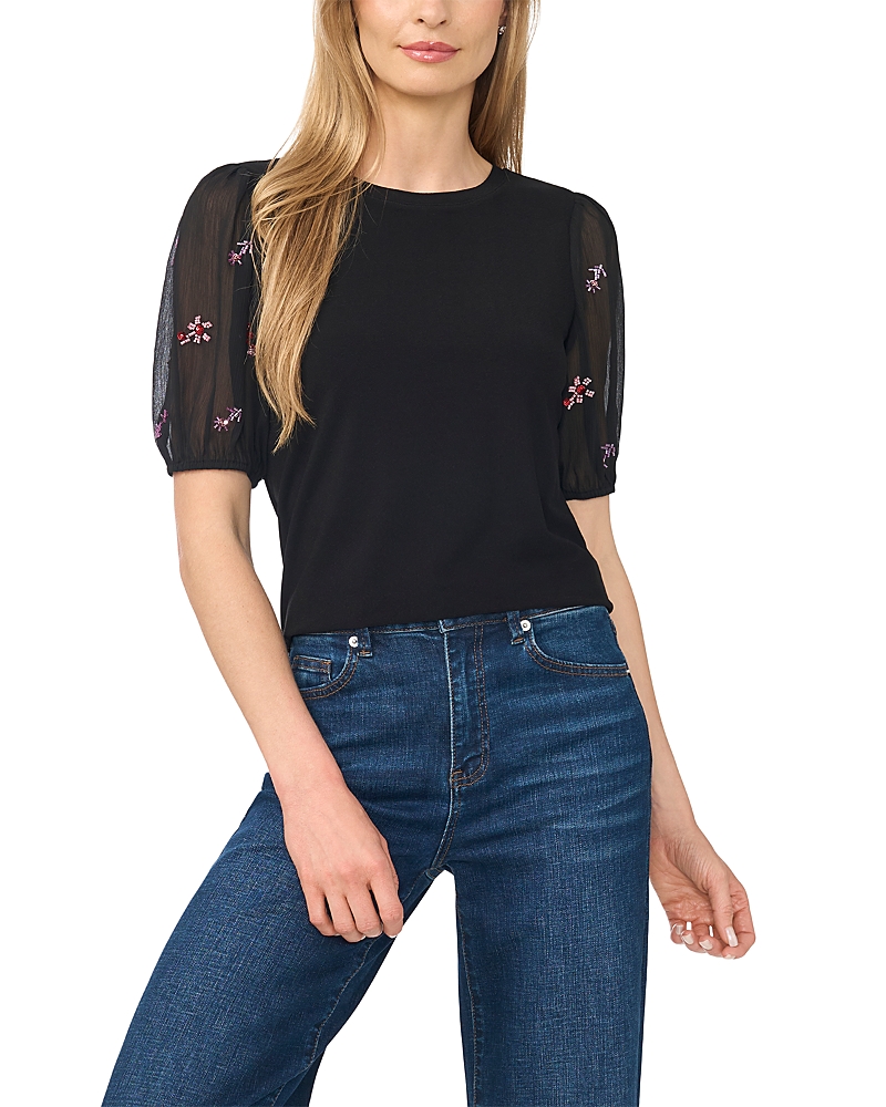 CeCe Beaded Sleeve Crewneck Tee