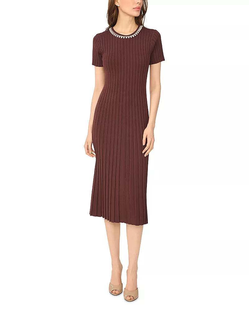 CeCe Necklace Trim Knit Midi Dress