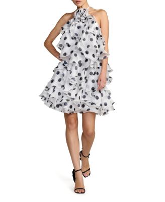  Polka Dot Halter Neck Ruffle Mini Dress with Tiered Skirt
