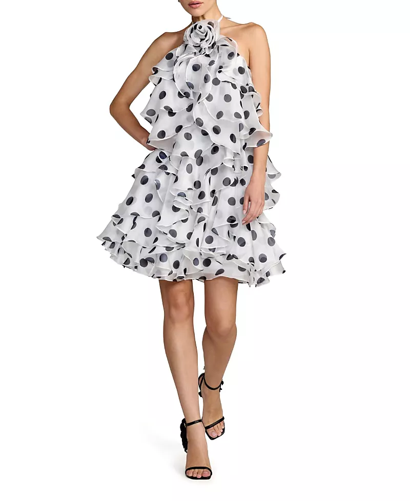 Mac Duggal Polka Dot Halter Neck Ruffle Mini Dress with Tiered Skirt