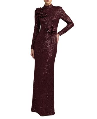  Long Sleeve Flower Detail Sequin Gown