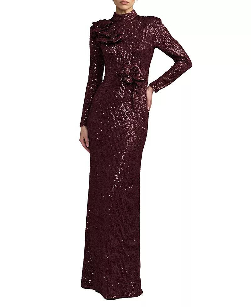 Mac Duggal Long Sleeve Flower Detail Sequin Gown