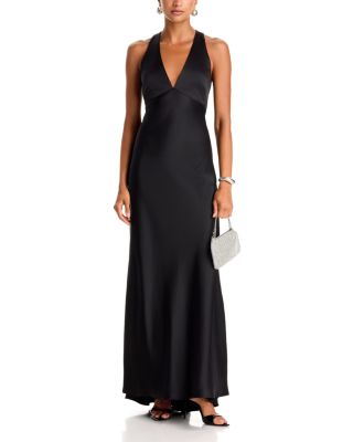 Satin V Neck Long Dress - Exclusive - thumbnail 2