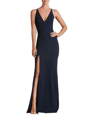 Dress The Population Iris V-neck High Slit Mermaid Gown In Midnight Blue