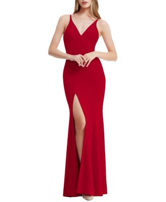 Dress The Population Iris V-neck High Slit Mermaid Gown In Garnet