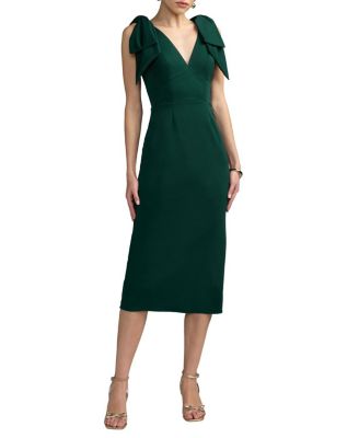 Bow Strap Crepe Fitted Midi Dress