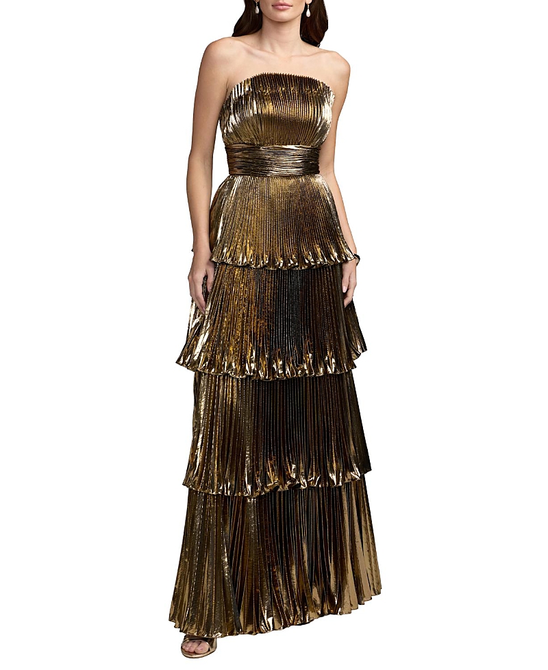 Mac Duggal Strapless Pleated Metallic Layered High Low Gown