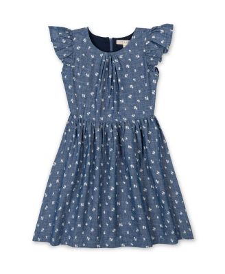  Girls' Organic Ruffle Sleeve Smocked Waist Chambray Dress - Little Kid, Big Kid