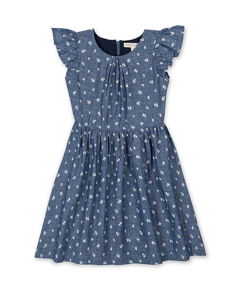 Hope & Henry Girls' Organic Ruffle Sleeve Smocked Waist Chambray Dress - Little Kid, Big Kid