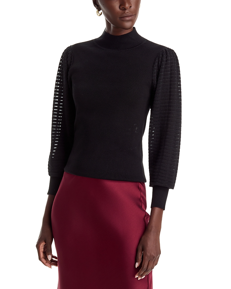 T Tahari Sheer Stitch Balloon Sleeve Mock Neck Sweater