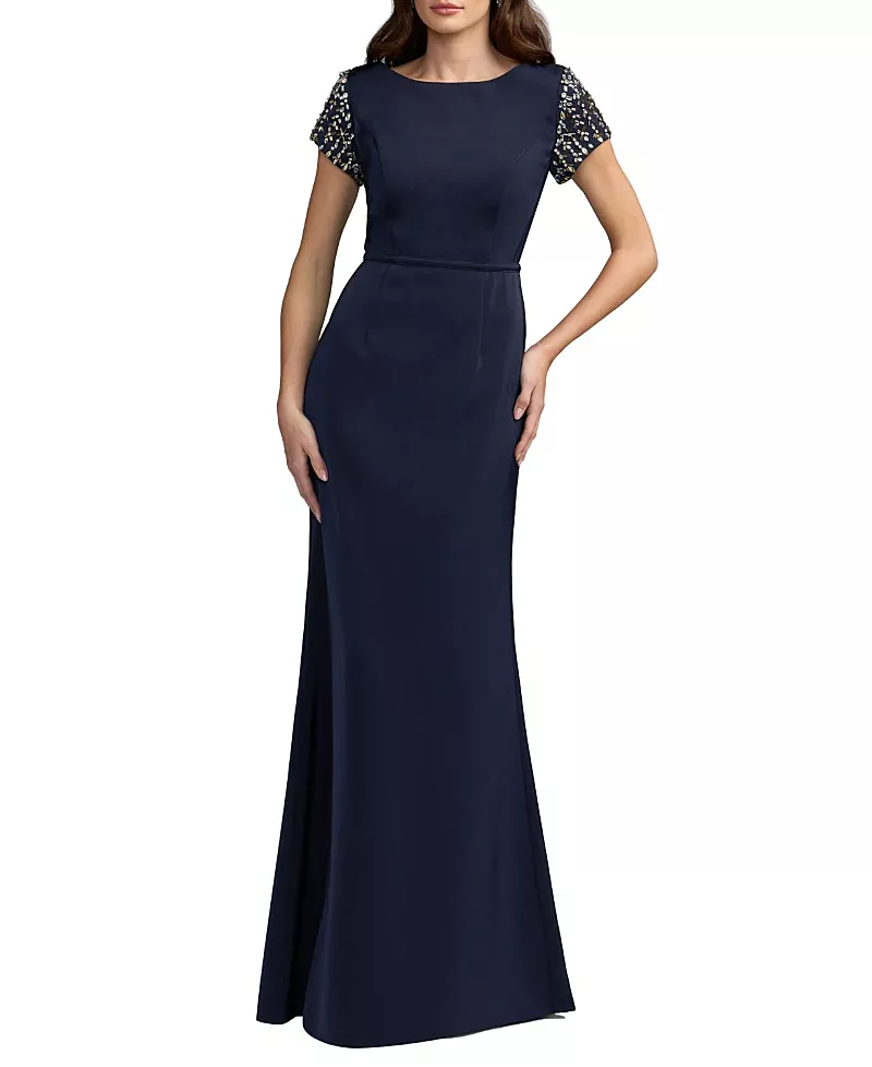 Mac Duggal Petite Beaded Cap Sleeve Satin Column Gown