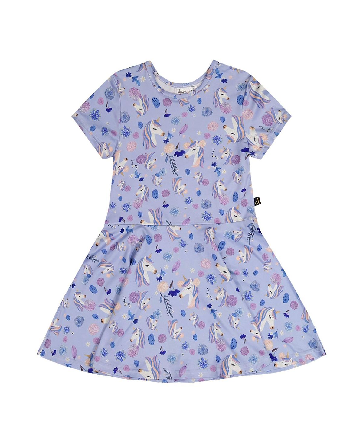Deux par Deux Girls' Short Sleeve Unicorn Drop Waist Dress - Little Kid