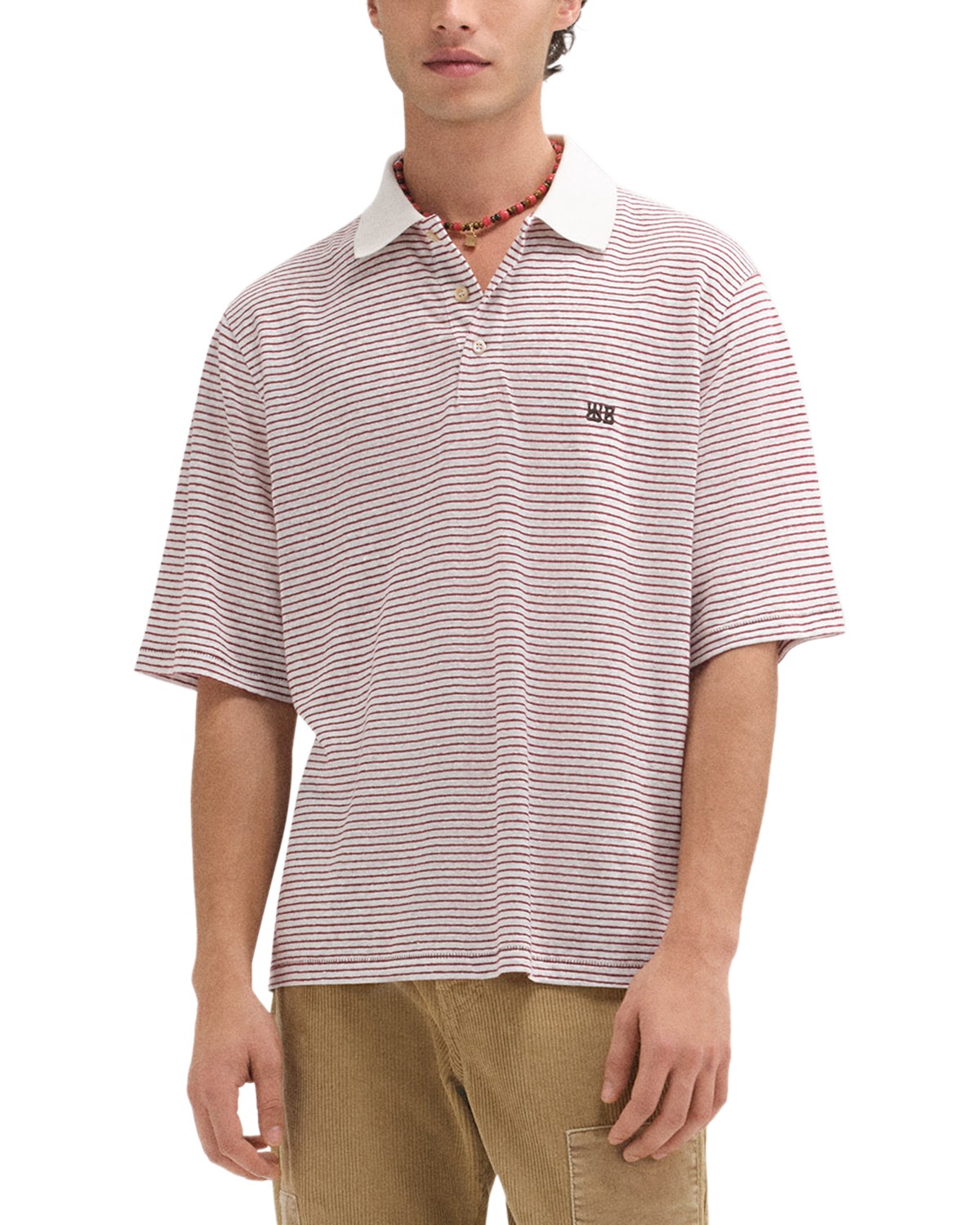 Wales Bonner Linen & Cotton Stripe Polo Shirt in Ivory/Wine
