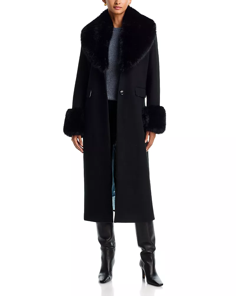Aqua x Nicky Hilton Long Wool Coat with Faux Fur Trim - Exclusive